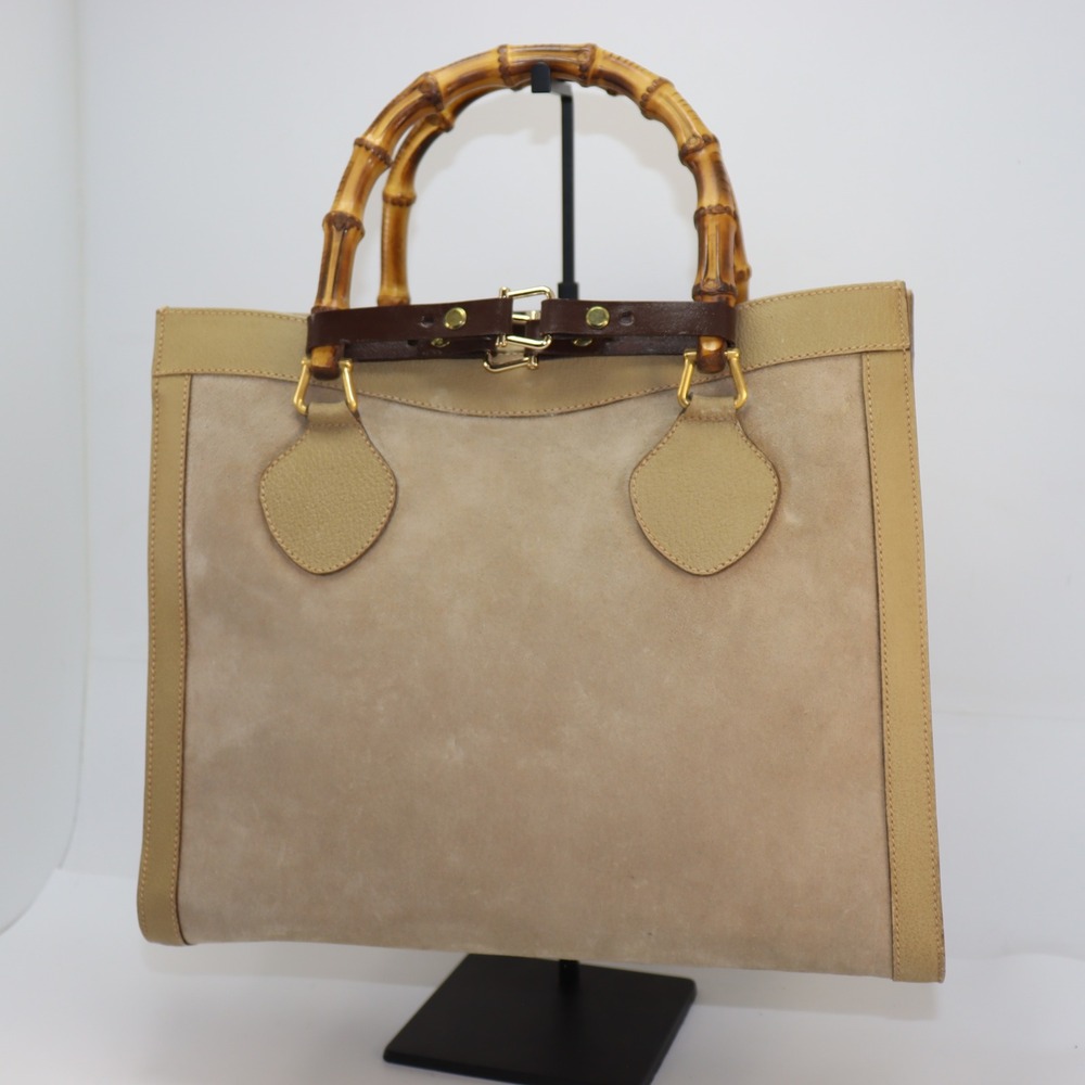 Vintage Gucci Diana Tote Large Tan Womens Bamboo Handle Suede Leather Bag - Picture 2 of 11